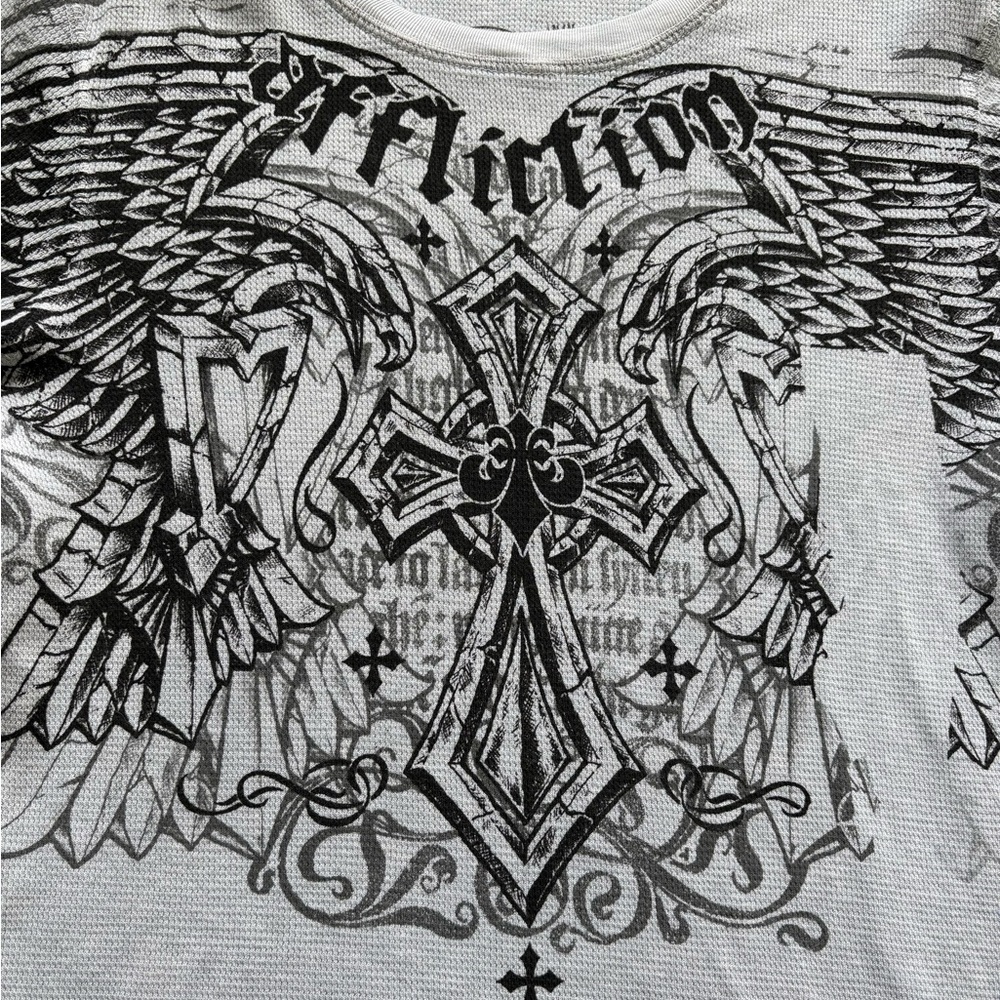 Affliction Men’s Medium Grey Crew Neck Long Sleeve Bird With Wings Thermal Tee - Picture 2 of 4
